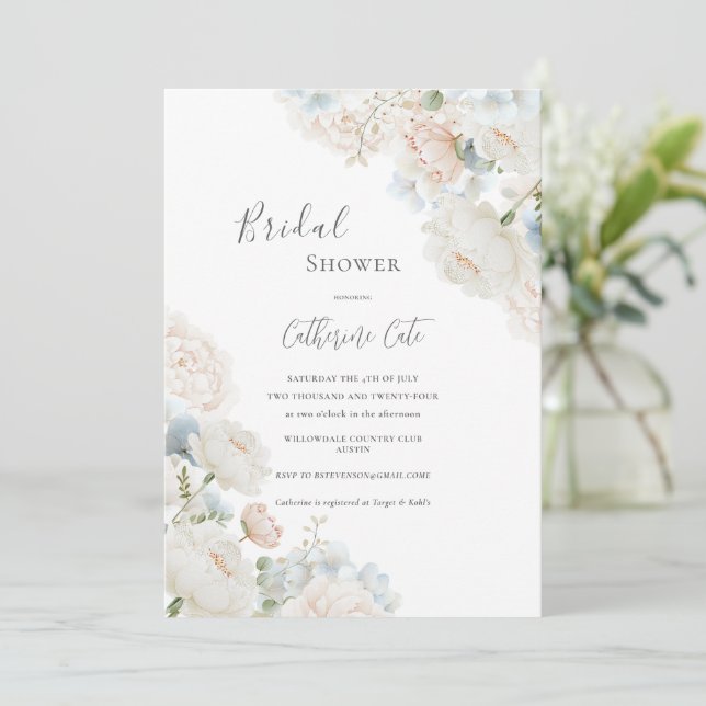 Elegant Blue Hydrangea Peonies Bridal Shower  Einladung (Stehend Vorderseite)