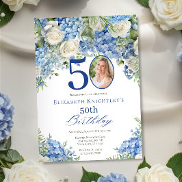 Elegant Blue Hydrangea Roses Photo Birthday Party Einladung