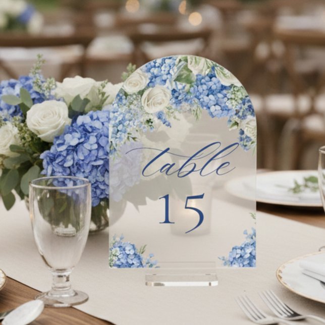 Elegant Blue Hydrangea Roses Wedding Table Number Acryleinladungen (Von Creator hochgeladen)