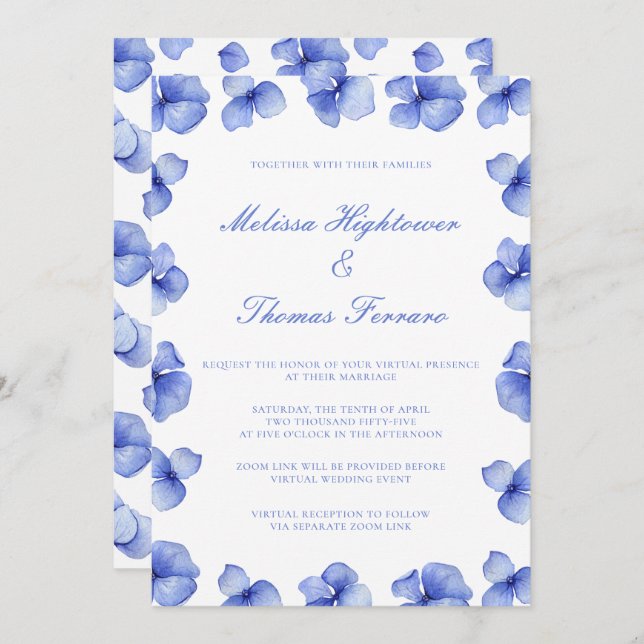 Elegant Blue Hydrangea Virtual Wedding Einladung (Vorne/Hinten)