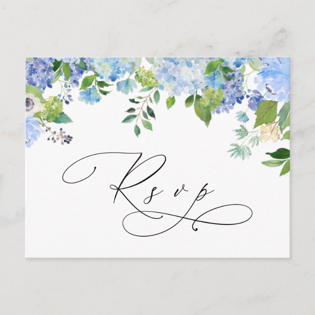 Elegant Blue Hydrangea Watercolor Wedding RSVP Postkarte (Vorderseite)
