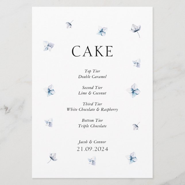 Elegant Blue Hydrangea Wedding Cake Sign Einladung (Vorderseite)