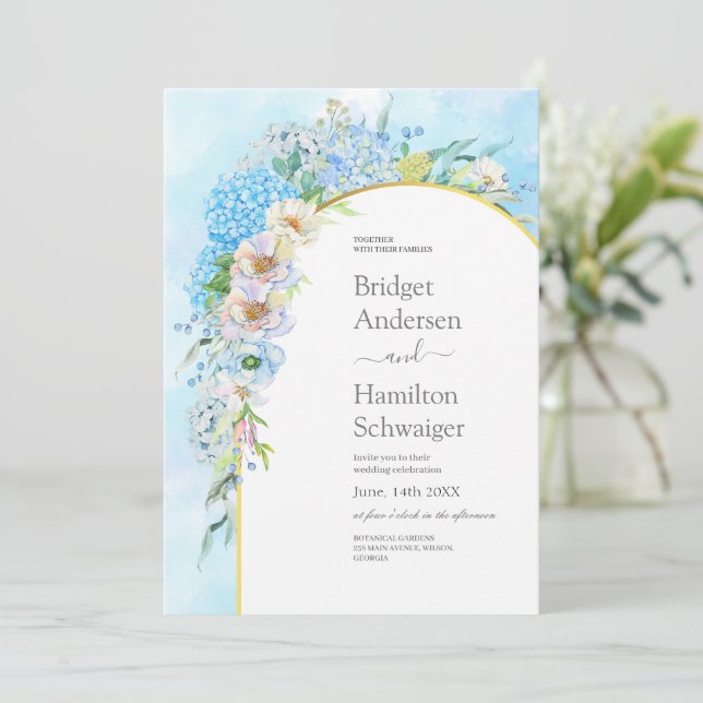 Elegant Blue Hydrangea Wedding Einladung (Stehend Vorderseite)