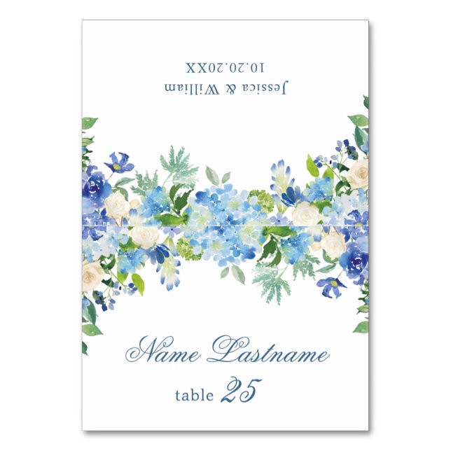 Elegant Blue Hydrangea Wedding Escort Card Tischnummer (Vorderseite)