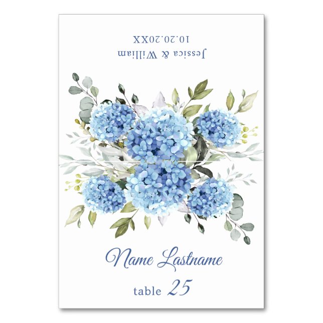 Elegant Blue Hydrangea Wedding Escort Card Tischnummer (Vorderseite)