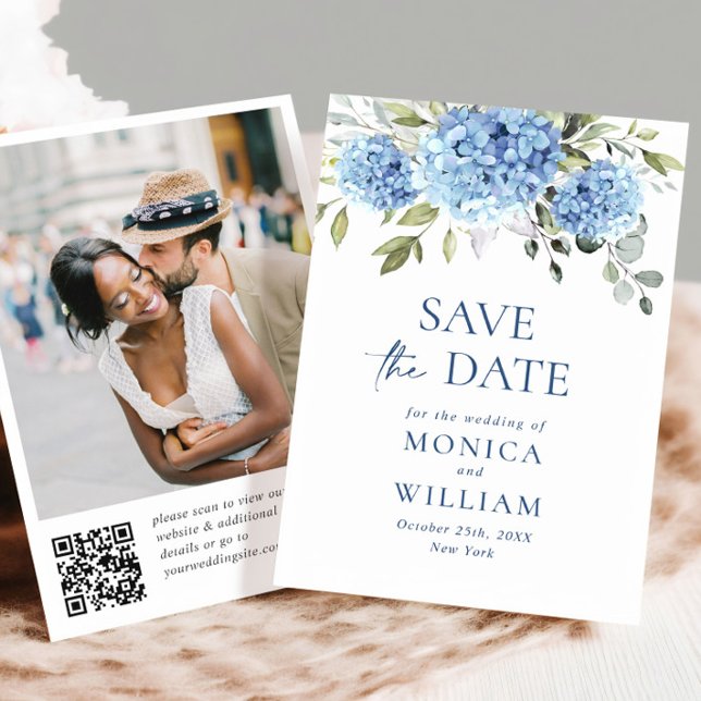 Elegant Blue Hydrangea Wedding QR Code Foto Save The Date (Von Creator hochgeladen)