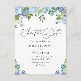 Elegant Blue Hydrangea Wedding QR Save the Date Postkarte