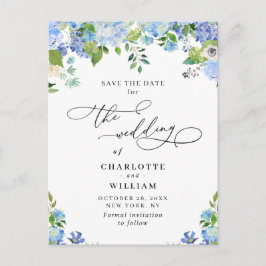 Elegant Blue Hydrangea Wedding QR Save the Date Postkarte