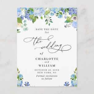 Elegant Blue Hydrangea Wedding QR Save the Date Postkarte