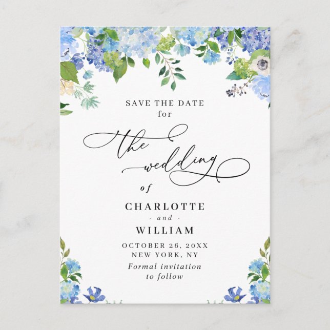Elegant Blue Hydrangea Wedding QR Save the Date Postkarte (Vorderseite)