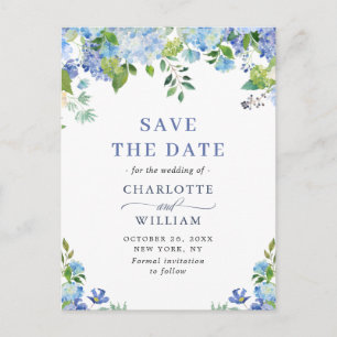 Elegant Blue Hydrangea Wedding rettet das Datum Postkarte
