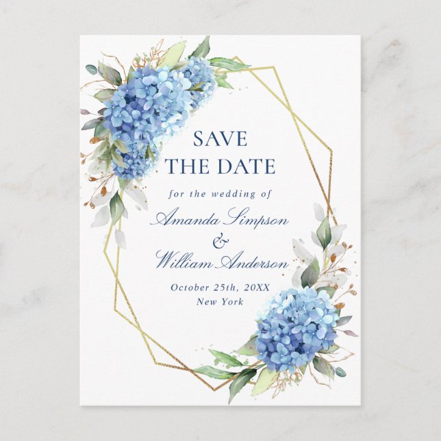 Elegant Blue Hydrangea Wedding Save the Date Postkarte (Vorderseite)