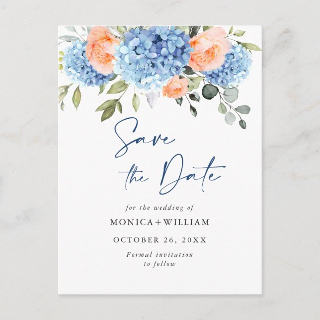 Elegant Blue Hydrangea Wedding Save the Date Postkarte (Vorderseite)