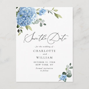 Elegant Blue Hydrangea Wedding Save the Date Postkarte