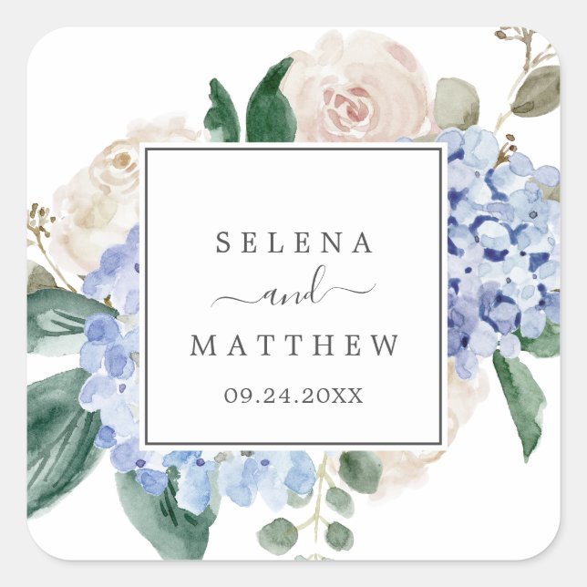 Elegant Blue Hydrangea Wedding Umschlag Aufklebers Quadratischer Aufkleber (Vorderseite)