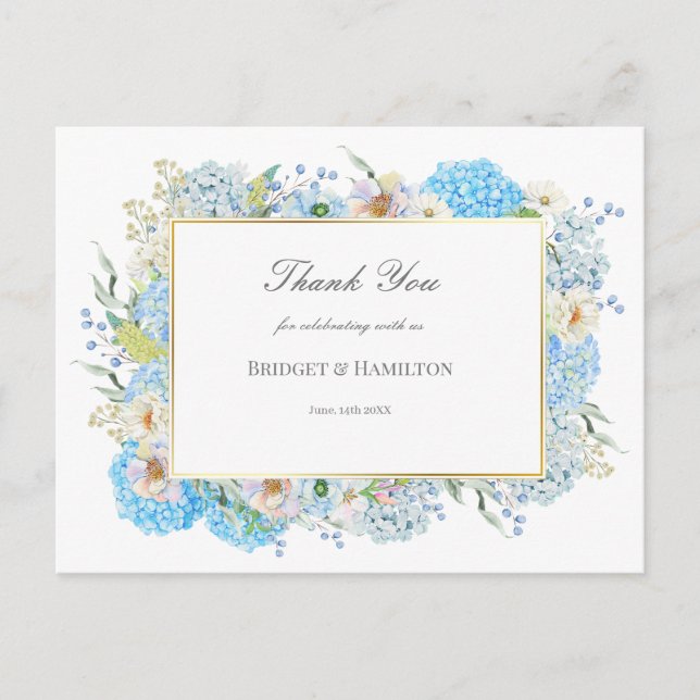 Elegant Blue Hydrangea Wedding Vielen Dank Postkarte (Vorderseite)