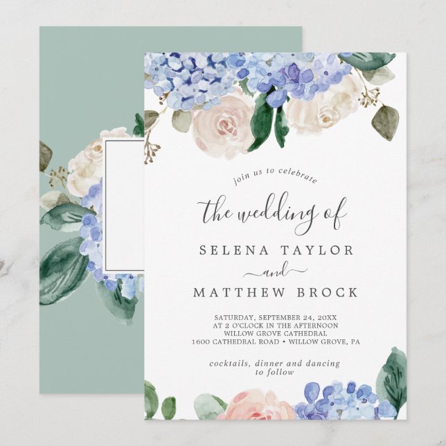 Elegant Blue Hydrangea | Weiß die Hochzeit von Einladung (Vorne/Hinten)