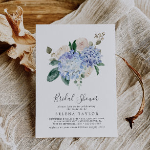 Elegant Blue Hydrangea   Weißes Brautparty Einladung