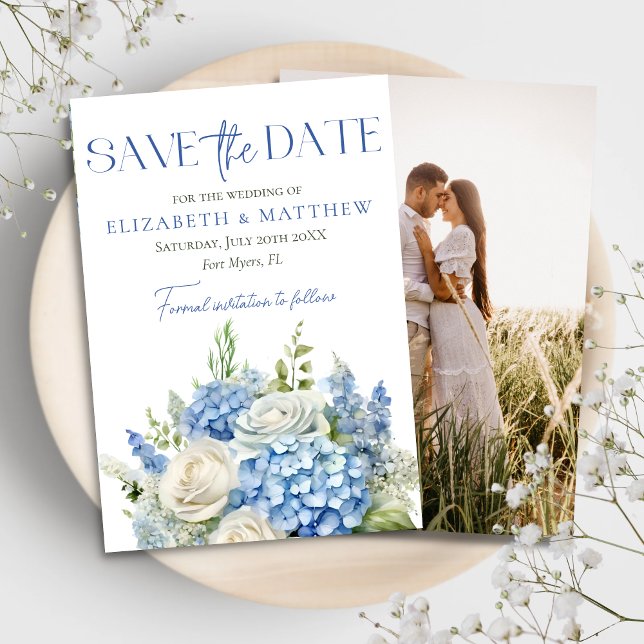 Elegant Blue Hydrangea White Florals Foto Hochzeit Save The Date (Von Creator hochgeladen)