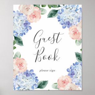 Elegant Blue Hydrangea   White Guest Book Sign Poster