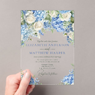 Elegant Blue Hydrangea White Roses Floral Wedding Acryleinladungen