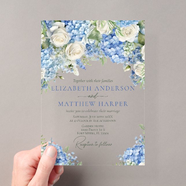 Elegant Blue Hydrangea White Roses Floral Wedding Acryleinladungen (Insitu (Handheld))