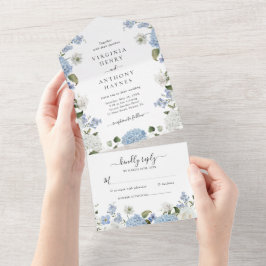Elegant Blue Hydrangea White Roses Floral Wedding All In One Einladung
