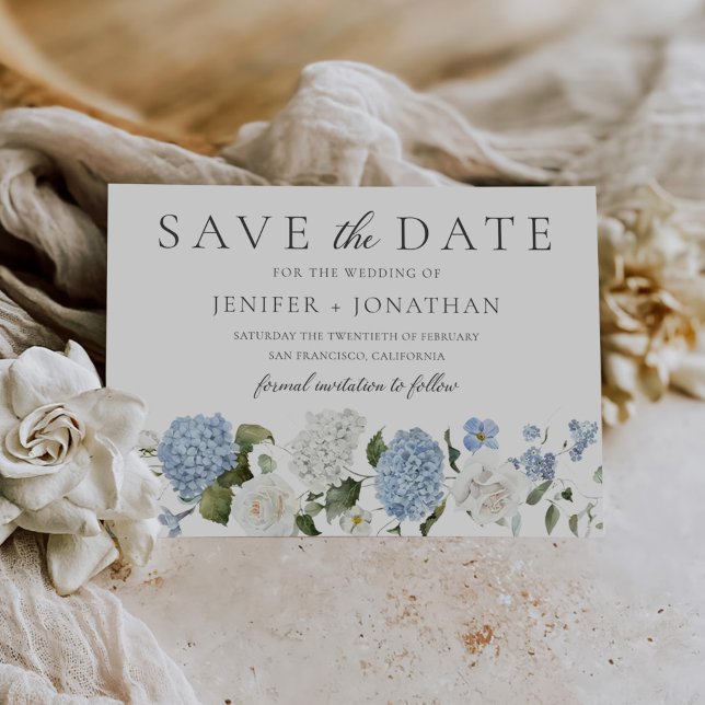 Elegant Blue Hydrangea White Roses Floral Wedding Save The Date (Von Creator hochgeladen)