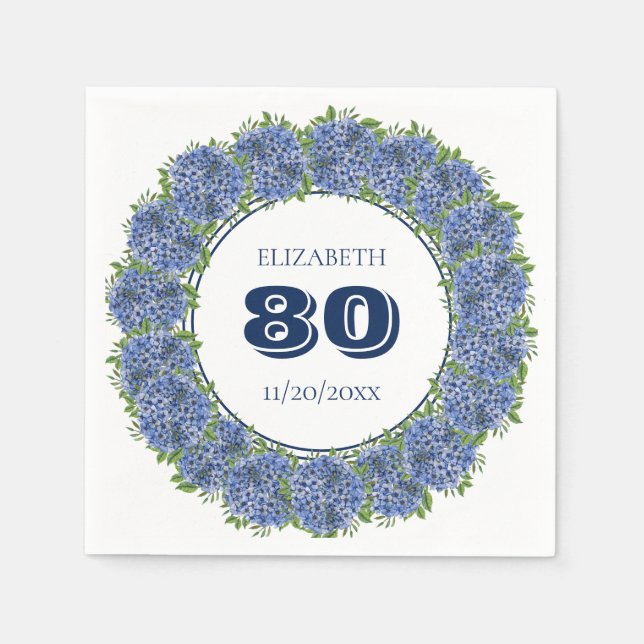 Elegant Blue Hydrangeas 80. Geburtstagsparty Serviette (Vorderseite)