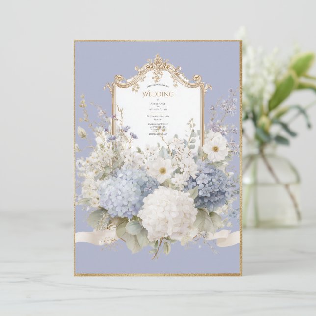 Elegant Blue Hydrangeas Lavender Vintage Wedding Einladung (Stehend Vorderseite)