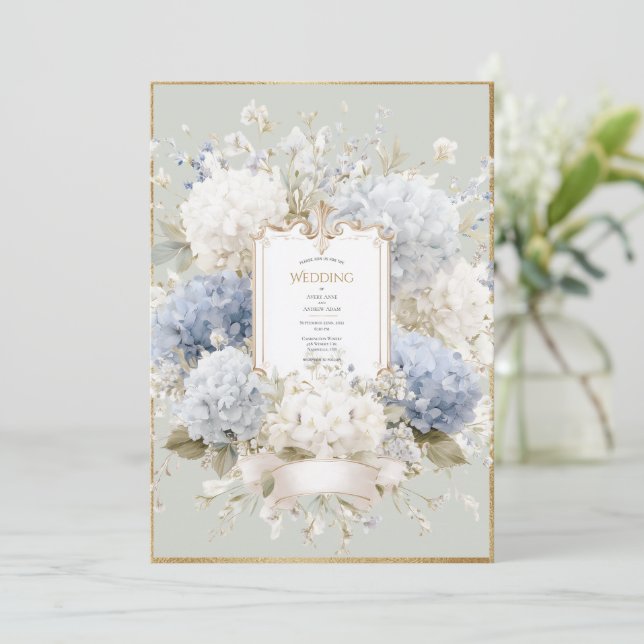 Elegant Blue Hydrangeas Sage Vintage Wedding Einladung (Stehend Vorderseite)