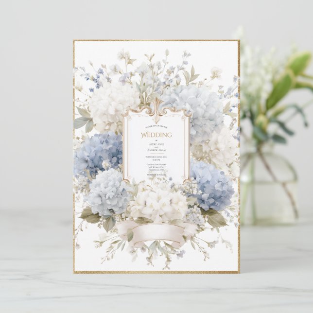 Elegant Blue Hydrangeas Vintage Budget Wedding Einladung (Stehend Vorderseite)