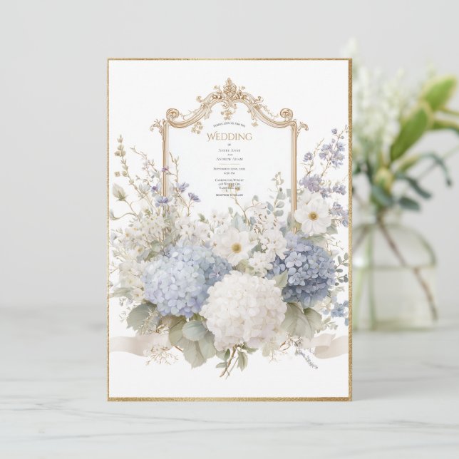 Elegant Blue Hydrangeas Vintage Wedding Einladung (Stehend Vorderseite)