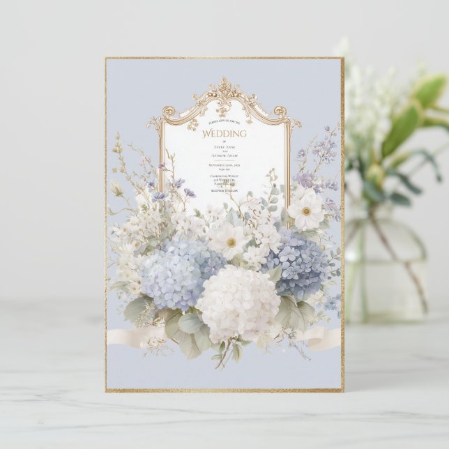 Elegant Blue Hydrangeas Vintage Wedding Einladung (Stehend Vorderseite)