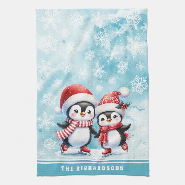 Elegant Blue Ice Skaten Pinguins - Weihnachten Geschirrtuch (Vertikal)