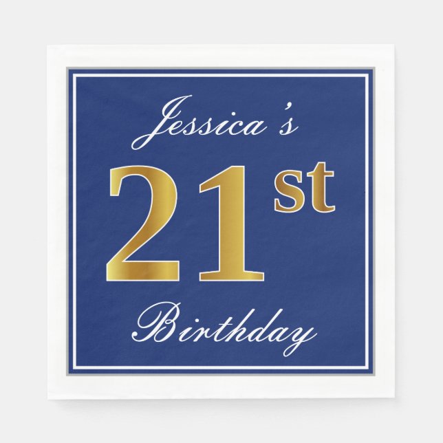 Elegant Blue, Imitate Gold 21. Geburtstag; Individ Serviette (Vorderseite)