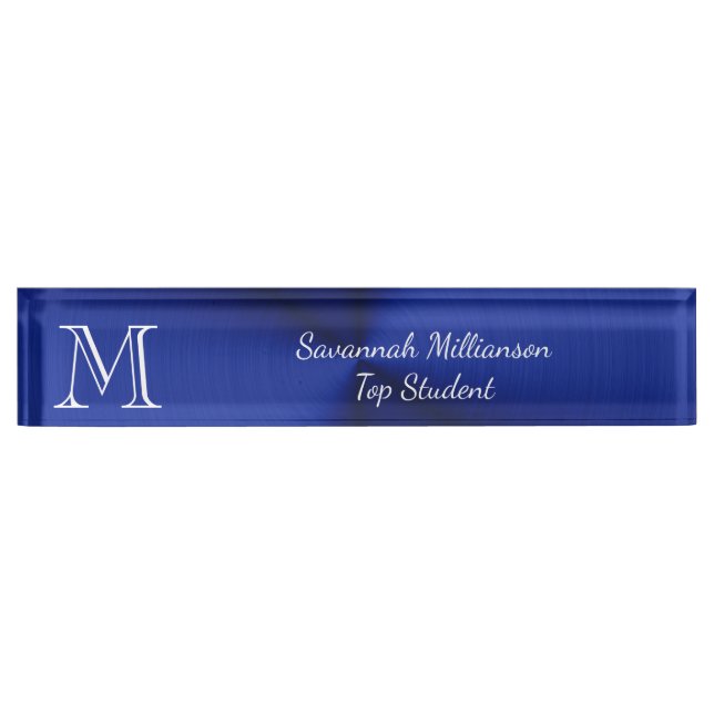 Elegant Blue Imitats Metal Monogram Student Namensplakette (Vorderseite)