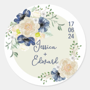 Elegant Blue Indigo Floral Couple Name Datum Moder Runder Aufkleber
