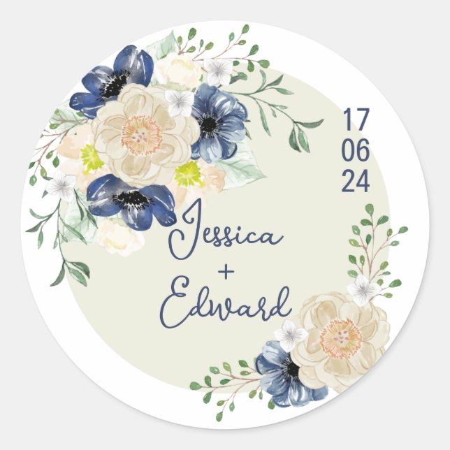Elegant Blue Indigo Floral Couple Name Datum Moder Runder Aufkleber (Vorderseite)
