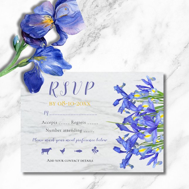 Elegant Blue Irish Bloral on Gray Marble Wedding RSVP Karte (Von Creator hochgeladen)