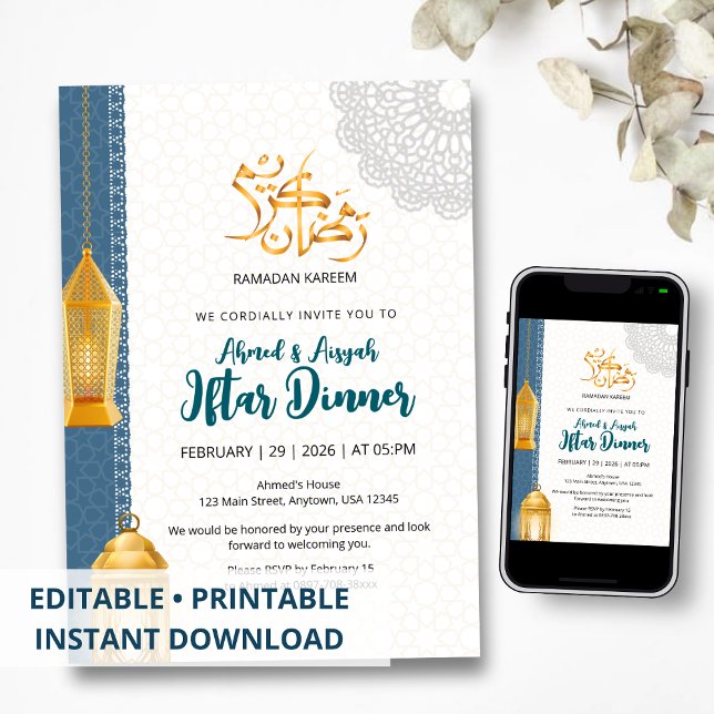 Elegant Blue Islamic Ramadan Iftar Invitation (Créateur téléchargé)