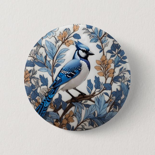 Elegant Blue Jay William Morris Inspiriert Button (Vorderseite)