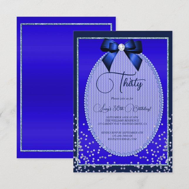 Elegant Blue Jewel Bow & Confetti Geburtstag Einladung (Vorne/Hinten)