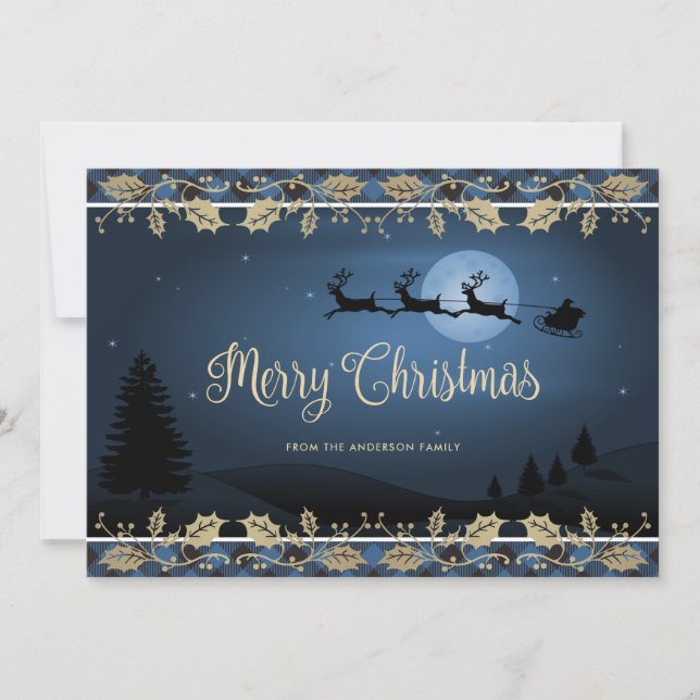 Elegant Blue Kariert Reindeer Weihnachten (Vorderseite)