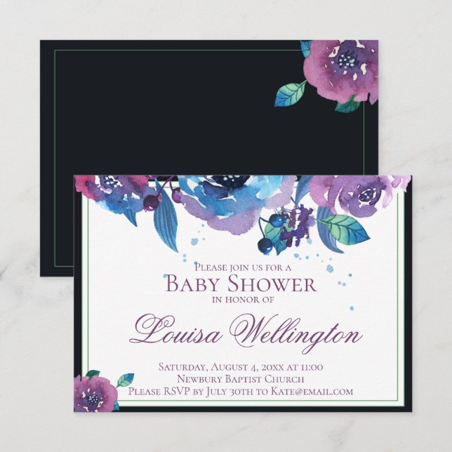 Elegant Blue Lila Twilight Floral Baby Shower Einladung (Vorne/Hinten)