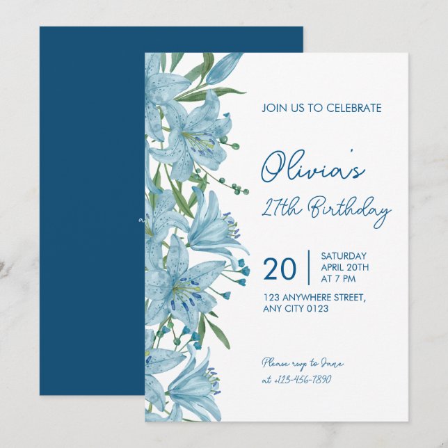 Elegant Blue Lily 27th Birthday Party Invitation (Devant / Derrière)