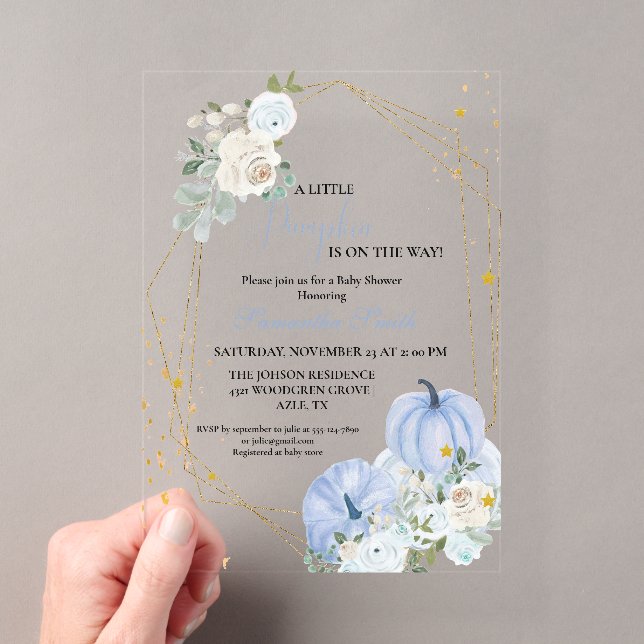 Elegant Blue Little Pumpkin Boy Baby Shower Acryleinladungen (Insitu (Handheld))