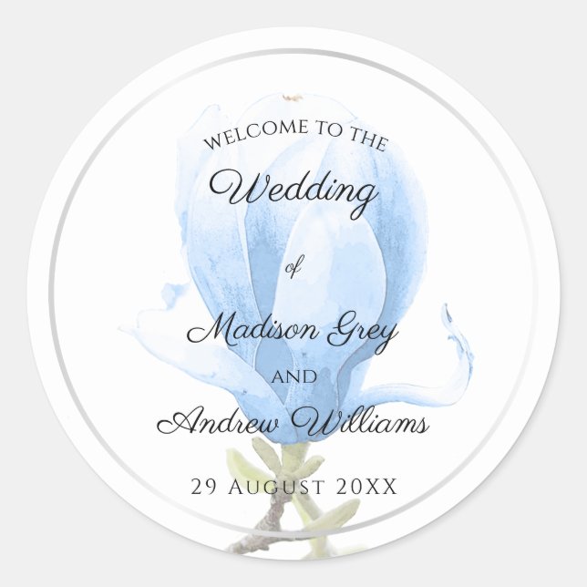 Elegant Blue Magnolia Wedding Runder Aufkleber (Vorderseite)