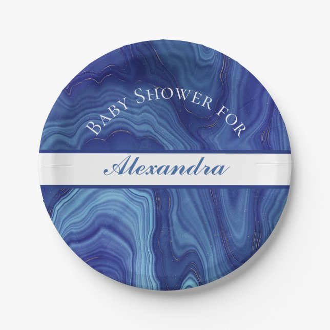 Elegant Blue Marble Agate Baby Shower Pappteller (Vorderseite)