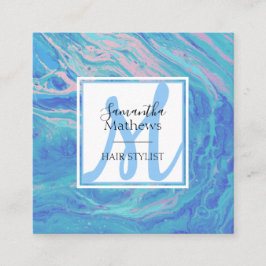 Elegant Blue Marble Agate Monogram Hair Stylist Quadratische Visitenkarte